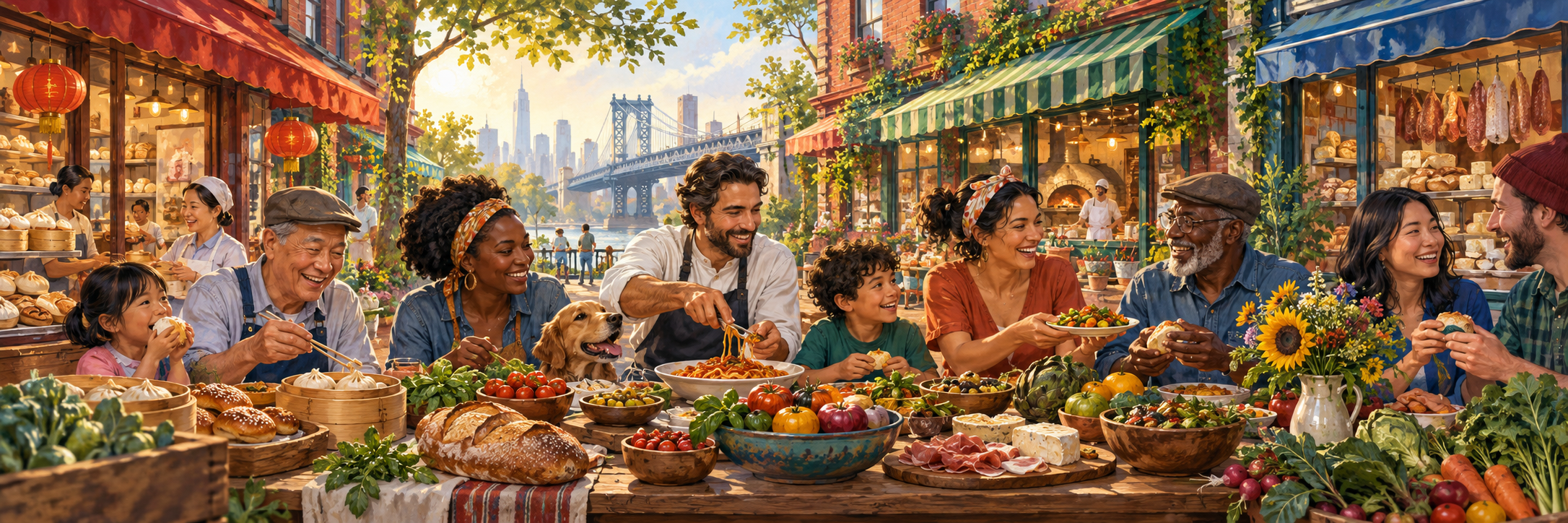 Neighbors sharing a colorful table of food beside neighborhood bakeries and markets